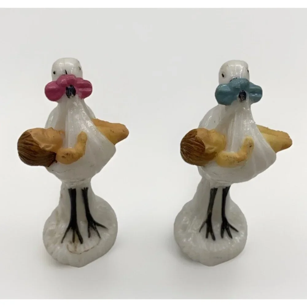 Pair of Vintage 1950s Stork Cake Toppers Pink Blue Celluloid Baby Shower